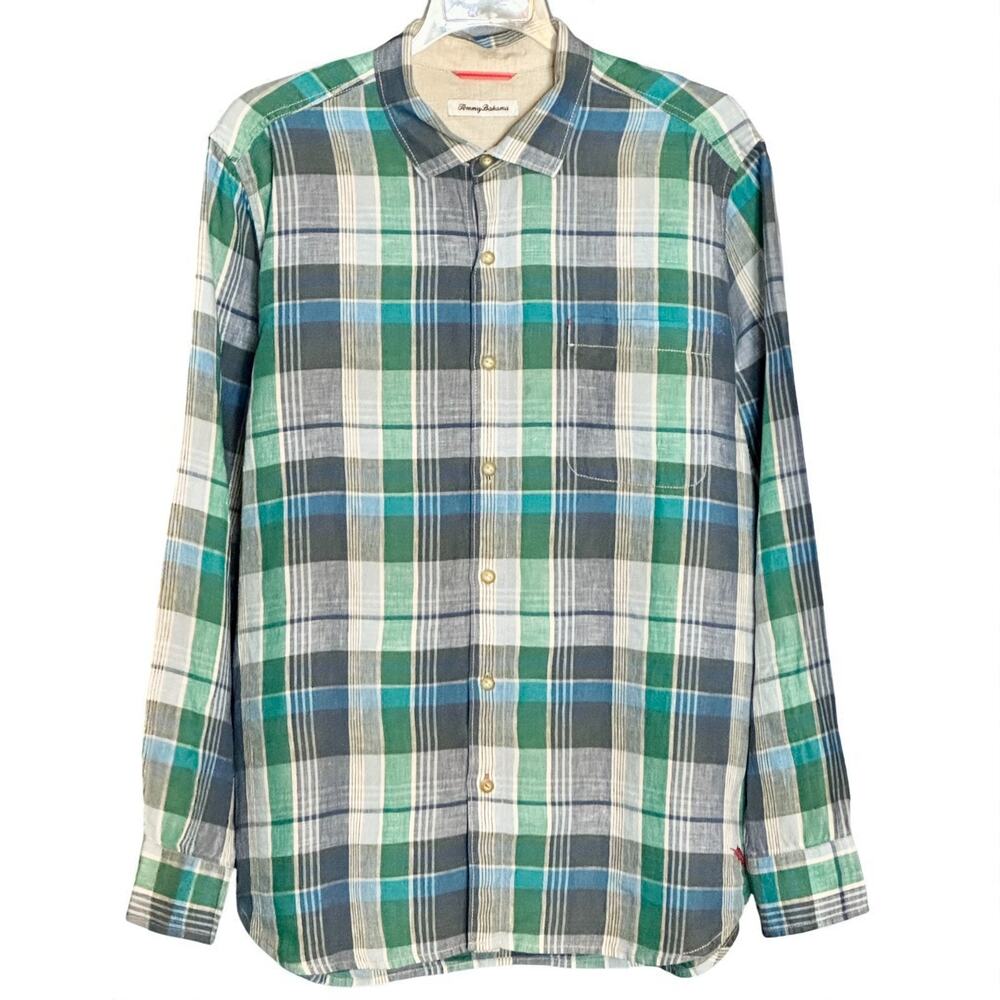 Tommy Bahama Vero Beach Linen Shirt Size XL Long Sleeve Coastal Blue Green Plaid